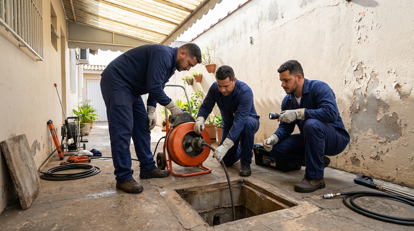 Limpeza de esgoto com equipamento no Jardim Muribeca, Jaboatão dos Guararapes‑PE