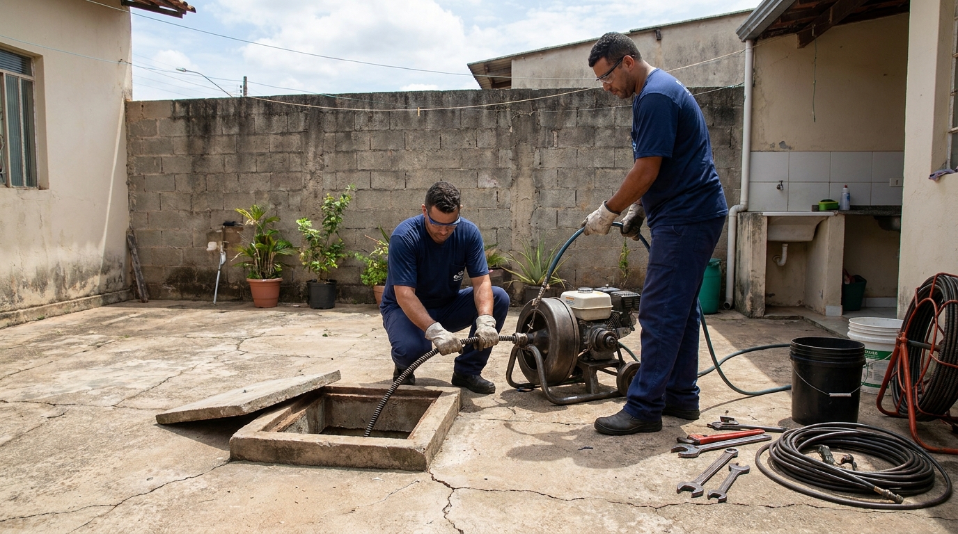 Limpeza de esgoto residencial no Jardim Muribeca, Jaboatão dos Guararapes‑PE