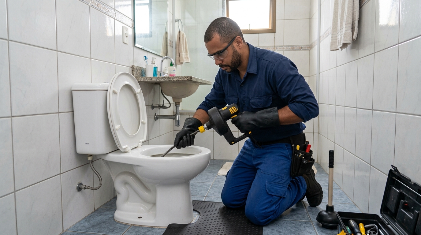 Equipe desentupindo vaso sanitário em Cavaleiro, Jaboatão dos Guararapes‑PE