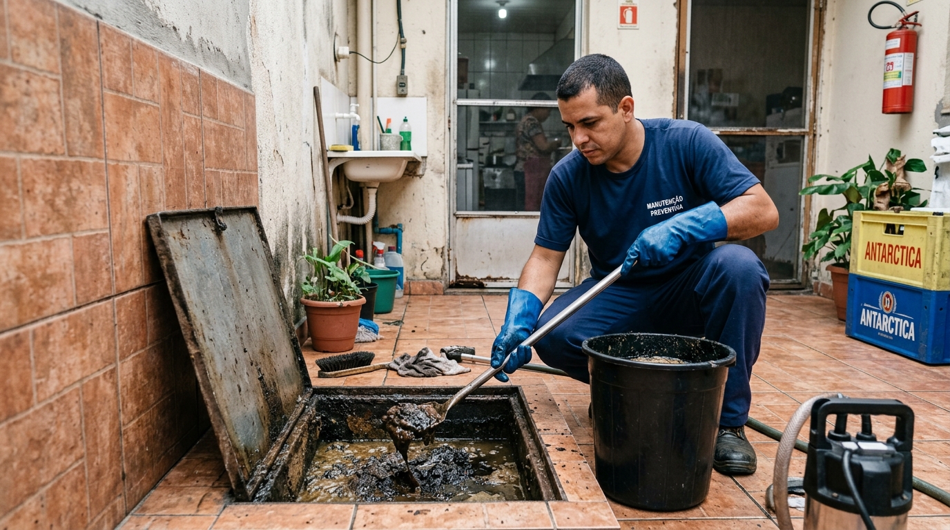 Equipe de limpeza de caixa de gordura em Piedade, Jaboatão dos Guararapes‑PE