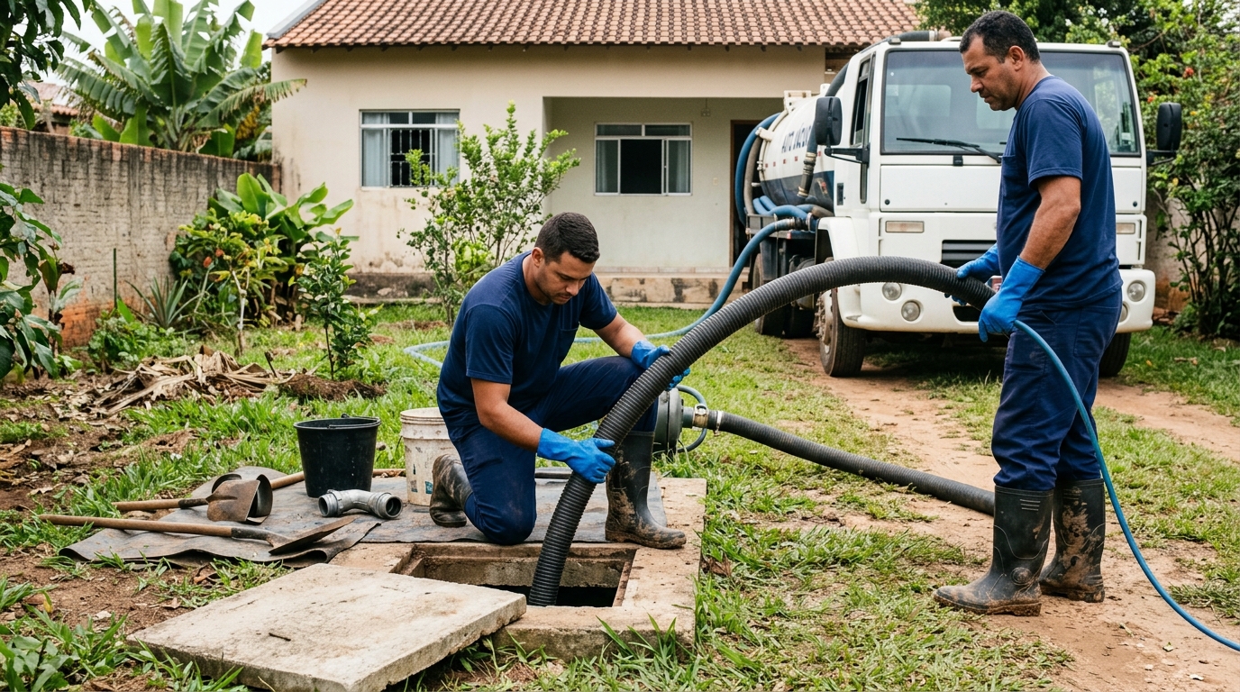 Limpeza de fossa com caminhão a vácuo em Prazeres, Jaboatão dos Guararapes‑PE