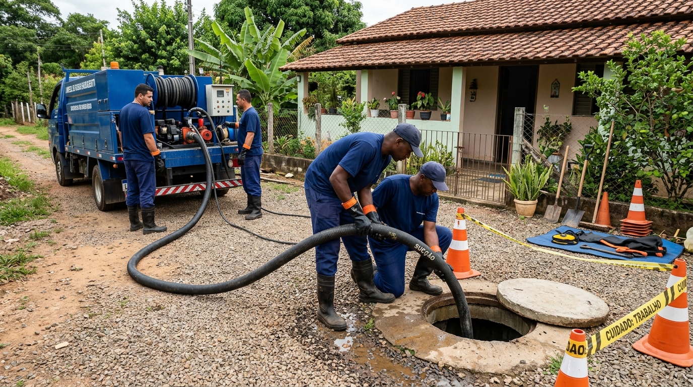 Equipe de limpeza de fossa séptica em Prazeres, Jaboatão dos Guararapes‑PE
